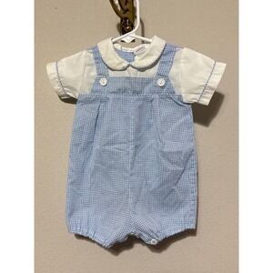 Alexis Gingham Romper Baby Boys 6 Months Blue White Vintage Peter Pan Collar